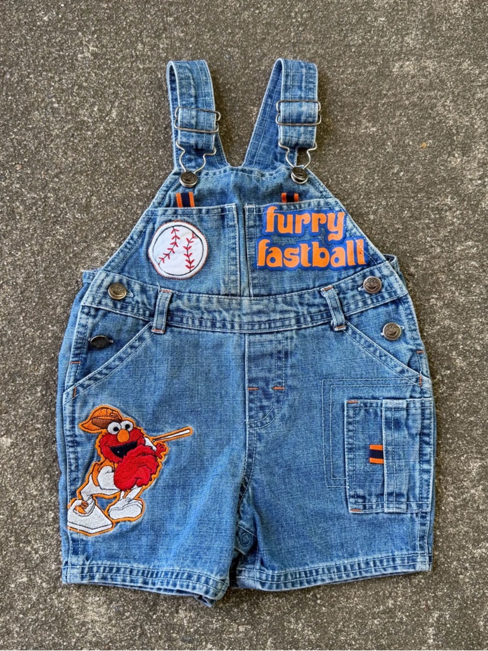 Sesame Street Furry Fastball Elmo Slugger Denim Baby Shortalls Overalls 12M Y2K